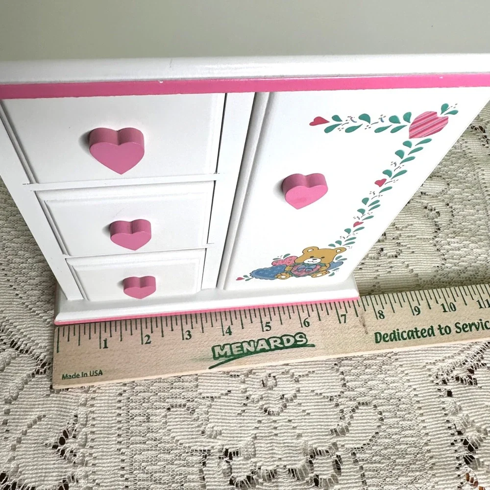 Vintage Wooden Jewelry Box Armoire White Pink Heart Knobs Teddy Bear Carousel